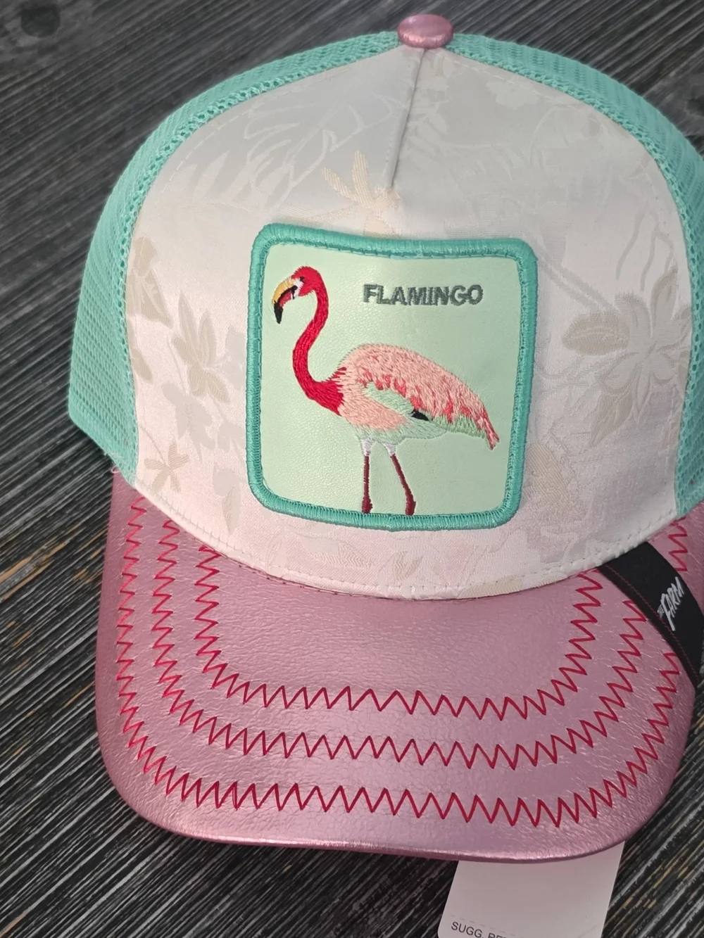 The Farm Flamingo Patch Trucker Hat - Pink & Mint Satin